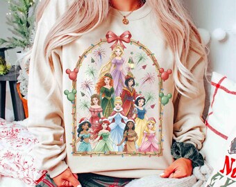 Coquette Disney Princess Group-kerstboomshirt, Belle Ariel Tiana Xmas, Magic Kingdom Magical Castle kerstt-shirt, WDW Girl Trip-cadeaus