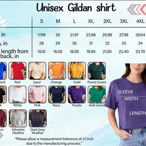 The image is a collage of various t-shirt designs, including different colors and styles, along with a woman wearing a purple t-shirt. The image also includes a table with size and sleeve length information for the different t-shirt designs.
