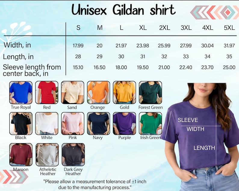 The image is a collage of various t-shirt designs, including different colors and styles, along with a woman wearing a purple t-shirt. The image also includes a table with size and sleeve length information for the different t-shirt designs.