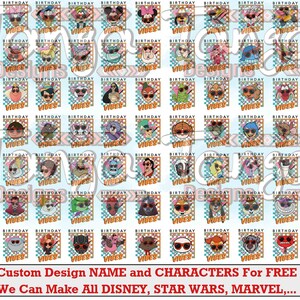 May include: A selection of birthday designs with cartoon characters wearing sunglasses. Each design includes the words "Vibes" and "Birthday" on a checkered background. The text at the bottom reads "Custom Design NAME and CHARACTERS For FREE".