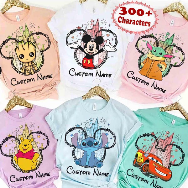 Personaliseer shirt met alle Disney-personages, gepersonaliseerd Disney Mickey & Friends Stitch Cars bijpassende shirt, Disneyland Family Vacation 2026 Trip