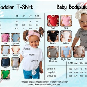 The image is a comparison of a toddler t-shirt and a baby bodysuit, showing the different sizes and styles available for each age group.