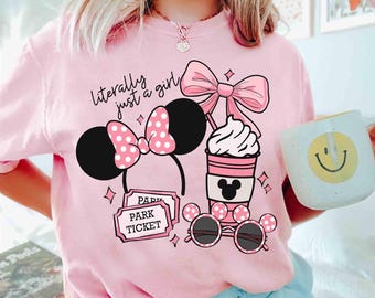 Disney Coquette Bow Literally Just A Girl Pink T-shirt, Minnie Mouse Girl Trip Outfits, WDW Disneyland Vacation 2026 Shirt, Family Holiday