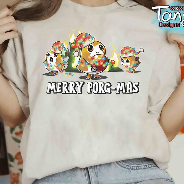 Cute Merry Porg-Mas Santa Christmas Lights T-shirt, Funny Star Wars Characters Xmas Tee, Disneyland Holiday Vacation Party Trip Gift