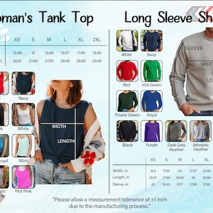 The image is a comparison of a woman's tank top and a long sleeve shirt, showing the different sizes and styles available.