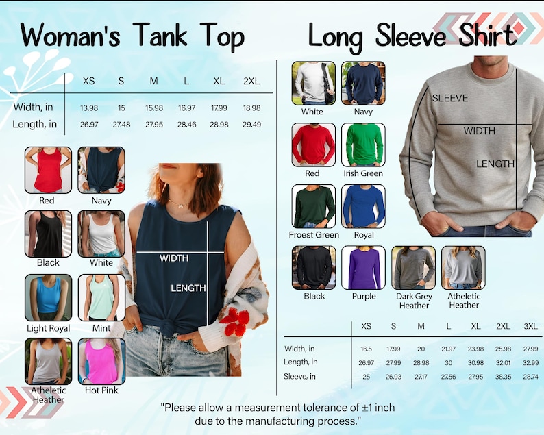 The image is a comparison of a woman's tank top and a long sleeve shirt, showing the different sizes and styles available.