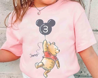 Custom Kid Name Age Winnie the Pooh With Balloon Shirt, Personalized Pooh Bear Birthday Party Tee, Disneyland Boy Girl Birthday Family Trip