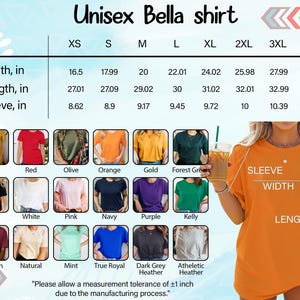 The image is a collage of various t-shirt designs, including different colors and styles, along with measurements and descriptions for each design.