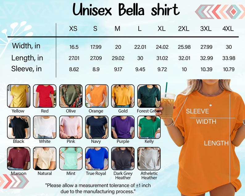 The image is a collage of various t-shirt designs, including different colors and styles, along with measurements and descriptions for each design.