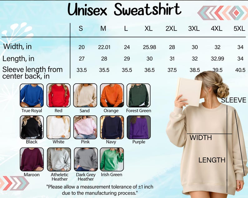 The image is a collage of various colored sweatshirts, including a woman holding a white sweatshirt, and a table with measurements and descriptions of the sweatshirts.