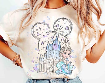 Camisa con orejas de Mickey y retrato de la princesa Elsa de Frozen, Castillo de Disney, WDW, Parques Disney, Reino Mágico, Disneyland, regalo para vacaciones familiares