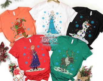 Disney Frozen Characters Group Christmas Light T-shirt, Elsa Anna Olaf Kristoff Sven Xmas Matching Tee, Disneyland Family Vacation Gift
