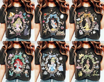 Aquarel coquette shirt Disney prinses personages, Tiana Ariel Elsa Rapunzel Belle Jasmine Tee, WDW Magic Kingdom Family 2026 Girls Trip