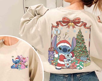 Camiseta con adornos navideños de Stitch y ángel de Disney, camiseta navideña de Lilo y Stitch, bonito atuendo navideño de Stitch, camiseta de fiesta navideña de Disneyland
