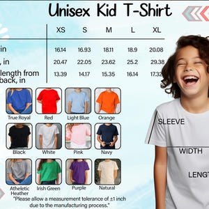 The image is a collage of various children's t-shirt designs, including different colors and styles, along with measurements and descriptions for each design.