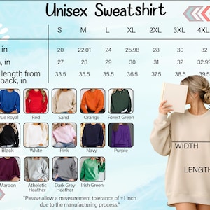 The image is a collage of various colored sweatshirts, including a woman holding a white sweatshirt, and a table with measurements and descriptions of the sweatshirts.