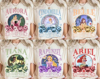 Passen Sie alle Disney Prinzessinnen Charaktere Blumenhemden an, benutzerdefinierter Name Tiana Ariel Elsa Rapunzel Belle Jasmin Tee, Magic Kingdom Familienreise