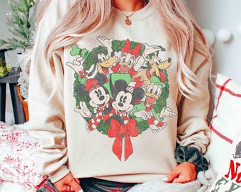 Disney Mickey And Friends Group Shot Christmas Wreath Retro T-Shirt, Mickey's Very Merry Xmas Party Matching Tee, Disneyland Holiday Gift