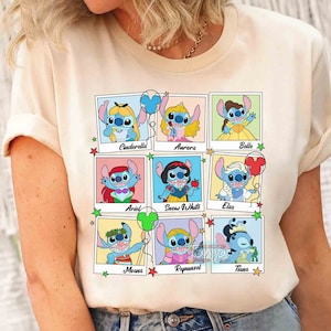 Funny Stitch Custom Disney Princess Belle Aurora Elsa Ariel T-shirt, Cute Stitch Emotion Take Photos Tee, Disneyland Family Vacation Trip