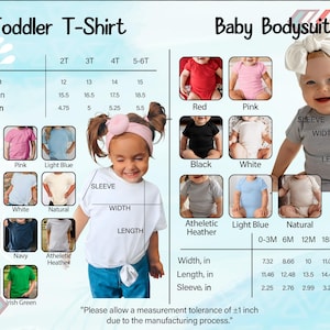 The image is a comparison of a toddler t-shirt and a baby bodysuit, showing the different sizes and styles available for each age group.