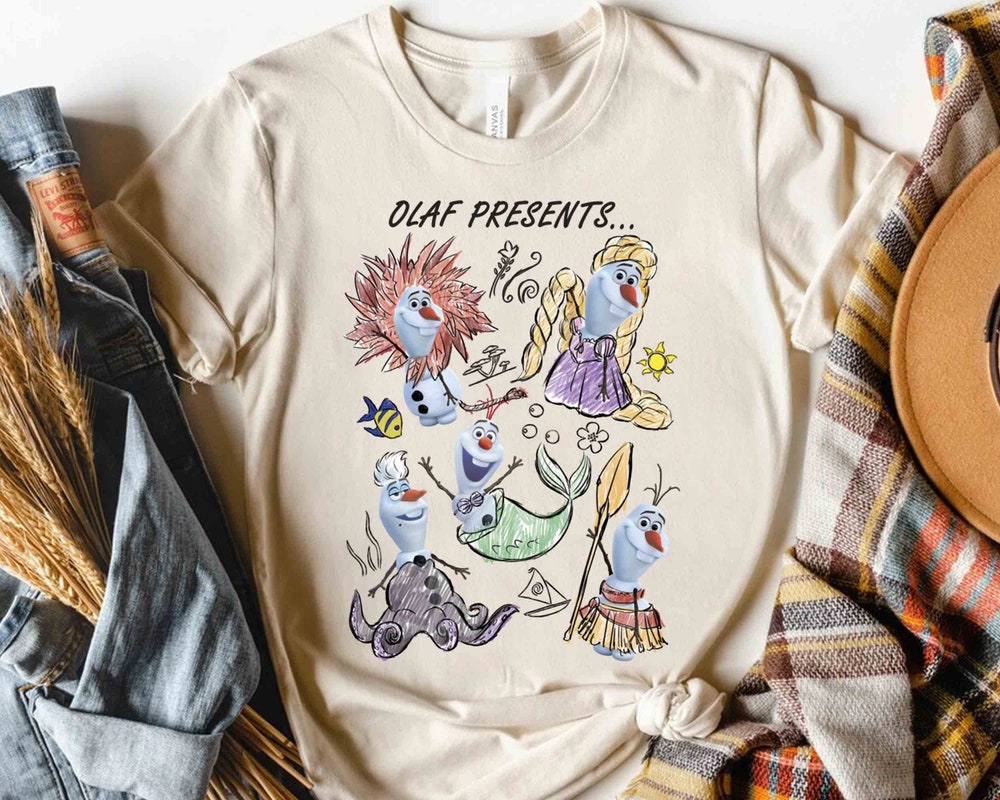 Disney Olaf Presents Classic Costume Princess Sketches Retro Shirt, Wdw Magic Kingdom Disneyland Family Vacation Holiday Gift New Fashion