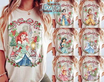 Retro Disney Princess World Christmas Shirt, Magic Kingdom Magical Castle Christmas Tee, Girly Disney Ariel Belle Tiana, Family Xmas Gifts