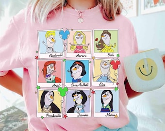 Rolig Olaf Anpassad Disney Prinsessan Belle Aurora Elsa Ariel T-shirt, Söt Olaf Frost Emotional Take Photos T-shirt, Disneyland Familjesemesterresa