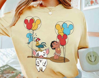 Funny Moana Hei Hei And Pua Mickey Balloons T-shirt, Disney Moana Characters Group Tee, Disneyland Family Holiday Vacation 2026 Trip