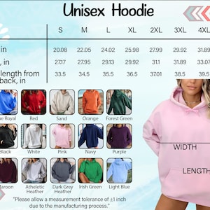 The image is a collage of various colored hoodies, including a pink hoodie, a black hoodie, and a gray hoodie. The image also includes a table with measurements and descriptions of the different sizes and styles of hoodies.