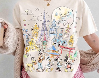 Comfort color Mickey & Friends Disney Epcot Shirt, Epcot World Tour 2026, Disneyland Family Vacation, Snacks Drinking Around The World Shirt