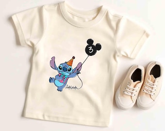 Aangepaste kindernaam leeftijd steek met ballon shirt, gepersonaliseerd lilo en stitch verjaardagsfeestje, Disneyland verjaardagscadeau jongen meisje, familie-uitje