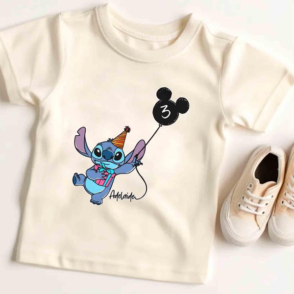 子供の名前と年齢入りカスタムスティッチ風バルーンシャツ、リロ＆スティッチの誕生日パーティーTシャツ、ディズニーランドの男の子と女の子の誕生日プレゼント、家族旅行