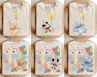 Custom Kid Toddler Name Age Mickey & Firends With Balloon Shirt, Personalized Mickey Mouse Birthday Present Gift, Disneyland Family Trip Tee