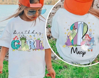 Custom Name Age Disney Princess Birthday Girl Kids T-shirt, Personalized Disney Ariel Tiana Rapunzel Cinderella, Disneyland Family 2024 Trip