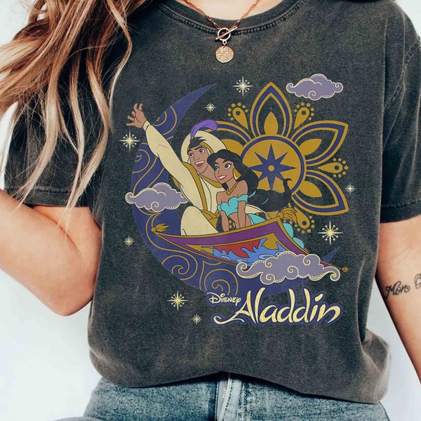 Disney Aladdin Cute Jasmine & Aladdin Flying Carpet Floral Poster Shirt, WDW Magic Kingdom Disneyland Trip Family Vacation Holiday Gift