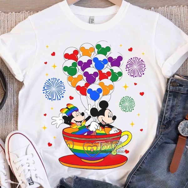 Mickey and Minnie Rainbow Balloons Tea Cup T-shirt, Disney LGBT Pride Month 2024 Tee, Human Rights Gay Lesbian Support Gift, Disneyland Trip