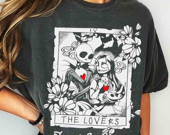 Personalisierte Jack und Sally Tarot Karte Die Liebhaber T-Shirt, Benutzerdefinierte Halloween Paar passende T-Shirt, Gothic Flitterwochen Hochzeit Jahrestag Reise
