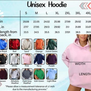 The image is a collage of various colored hoodies, including a pink hoodie, a black hoodie, and a gray hoodie. The image also includes a table with measurements and descriptions of the different sizes and styles of hoodies.