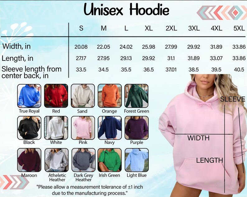 The image is a collage of various colored hoodies, including a pink hoodie, a black hoodie, and a gray hoodie. The image also includes a table with measurements and descriptions of the different sizes and styles of hoodies.