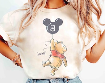 Custom Kid Name Age Winnie the Pooh With Balloon Shirt, Personalized Pooh Bear Birthday Party Tee, Disneyland Boy Girl Birthday Family Trip