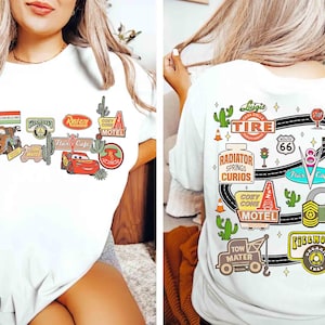 Chemise Radiator Springs carte recto-verso confortable, t-shirt vintage Disney Pixar Cars MC Queen & Tow Mater, Disneyland Family Trip Magic Kingdom