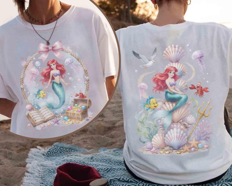Retro The Little Mermaid Ariel Princess & Flounder T-shirt, Ariel Princess Tee, Disneyland Girl Trip, Girly Aesthetic Disney Girls Trip Tee image 2
