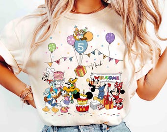 Custom Kid Toddler Name Age Mickey & Friends With Balloon Shirt, Personalized Mickey Mouse Birthday Present Gift, Disneyland Family Trip Tee