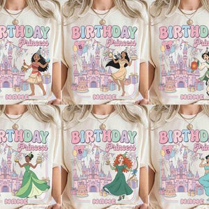 May include: Cream-coloured t-shirts with a colourful "BIRTHDAY Princess" design. Each shirt features a different princess illustration, a castle, and the number "5". The word "NAME" is printed at the bottom.