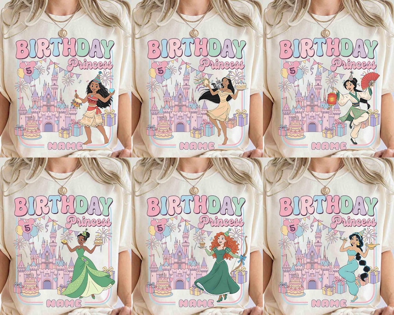 May include: Cream-coloured t-shirts with a colourful "BIRTHDAY Princess" design. Each shirt features a different princess illustration, a castle, and the number "5". The word "NAME" is printed at the bottom.