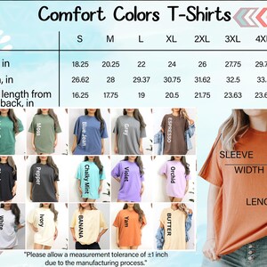 The image is a collage of various t-shirt designs, each with different colors and sleeve lengths. The collage includes a woman wearing a red t-shirt, and there are multiple images of women wearing different colored t-shirts. The image also includes a table with measurements for the t-shirt sizes, and a caption that reads "Please allow a measurement tolerance of +1 inch due to the manufacturing process."