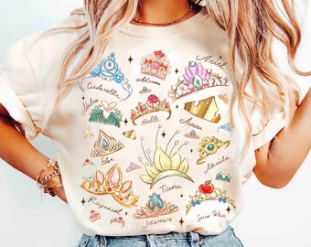 Coquette aquarel Disney Princess Crown-shirt, Disney Aurora Ariel Belle Cinderella Tiana-shirt, Magic Kingdom Disneyland Girl Trip 2026