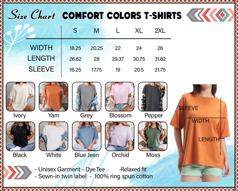 以下が含まれることがあります： Comfort Colors Tシャツのサイズチャート。幅、丈、袖丈のインチ単位の寸法を表示。色はアイボリー、ヤム、グレー、ブロッサム、ペッパー、ブラック、ホワイト、ブルー・ジーン、オーキッド、モス。特徴：ユニセックス衣料品、染めTシャツ、リラックスフィット、ツインラベル縫い込み、100％リングスパンコットン。