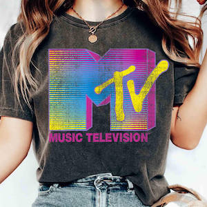 MTV Distressed Fluorescent Gradient Logo Shirt, 80s & 90s Unisex T-shirt, Family Birthday Gift, Disneyland Magic Kingdom Trip