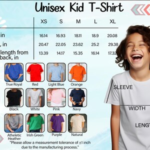 The image is a collage of various children's t-shirt designs, including different colors and styles, along with measurements and descriptions for each design.